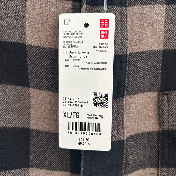 NWT Uniqlo Button Down Flannel checked Shirt Brown Black Men’s Size XL - Picture 6 of 13